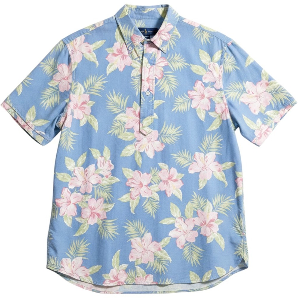 Ralph Lauren Hawaiian Shirt Mens L Blue Hibiscus Popover Cotton Aloha Floral